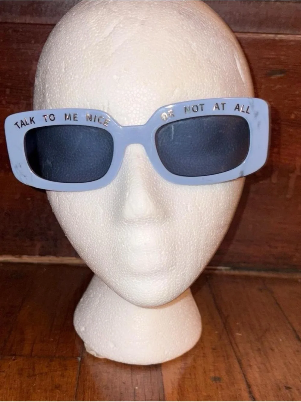 RARE Light Blue Rectangular Statement Sunglasses with Slogan